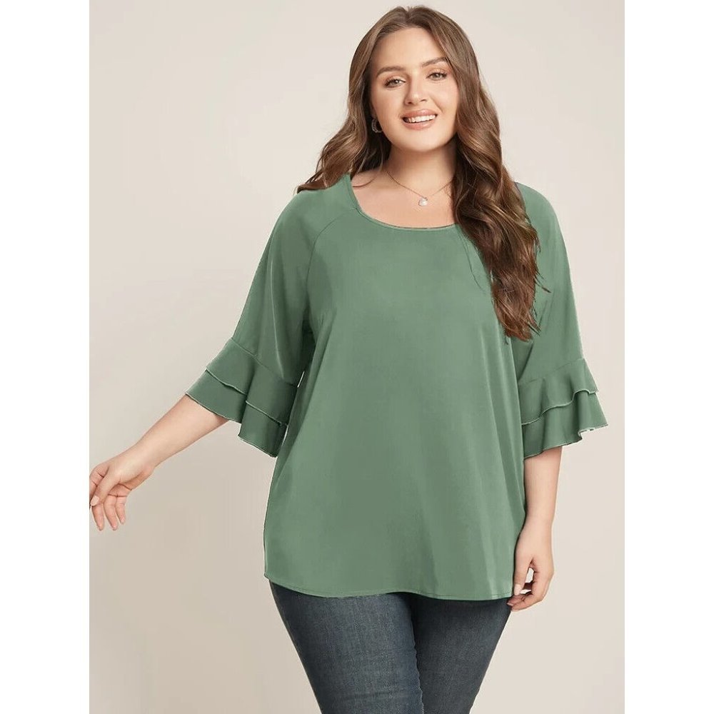 Bloomchic Womens Plain Ruffle Tiered Round Neck Blouse Green 12 - Picture 1 of 6